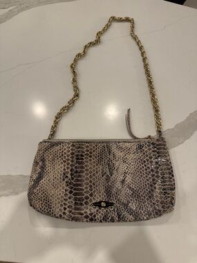 Elliott Lucca Snake-Print Shoulder Bag/Clutch in Beige and Brown with Gold Chain